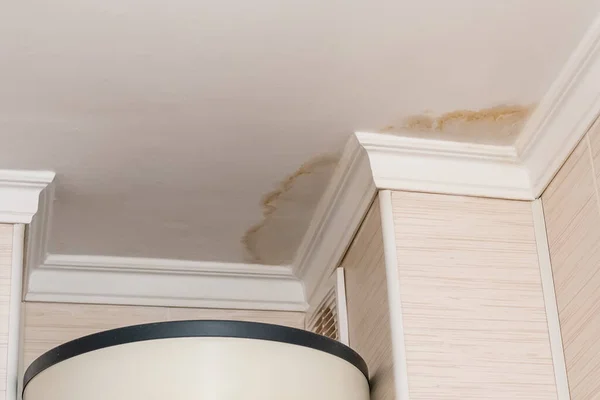 Neighbors Have Water Leak Water Damaged Ceiling Close Stain Ceiling — Stock Photo, Image