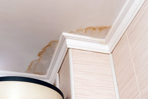 Neighbors Have Water Leak Water Damaged Ceiling Close Stain Ceiling — Stock Photo, Image