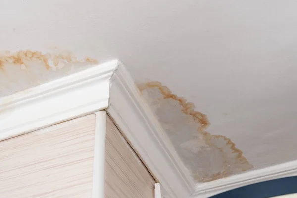 Neighbors Have Water Leak Water Damaged Ceiling Close Stain Ceiling — Stock Photo, Image