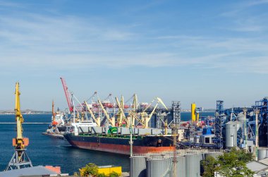 İskele kargo vinci bir kargo gemisine bir konteynır yüklüyor..