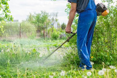 Bahçıvan bahar bahçesinde bir budama makinesiyle çimleri biçer.