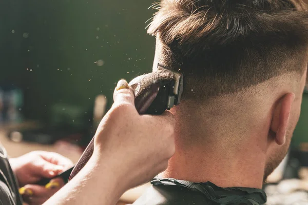 Girl Hairdresser Makes Haircut Young Guy Using Hair Clipper Barbershop — Stock Photo, Image