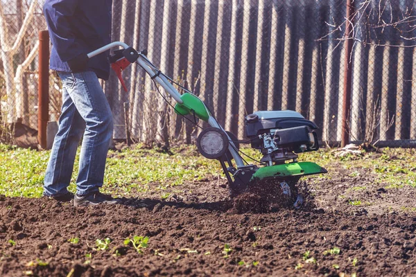 Farmer Man Plows Land Cultivator Preparing Soil Sowing — Stock Photo, Image