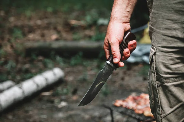 Man Holding Large Sharp Knife His Hand — Stock Photo, Image