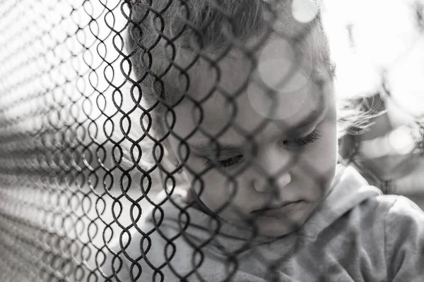 Black White Photo Little Girl Sad Look Metal Fence Social — Stock Photo, Image