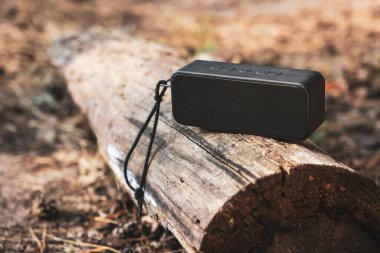 Ormandaki bir kütükte müzik dinlemek için taşınabilir kablosuz bluetooth hoparlörü..