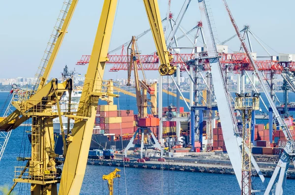 Kargo limanında vinç ve deniz konteynırları.