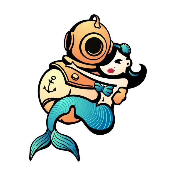 Penyelam Dengan Putri Duyung Tangannya Stok Ilustrasi 