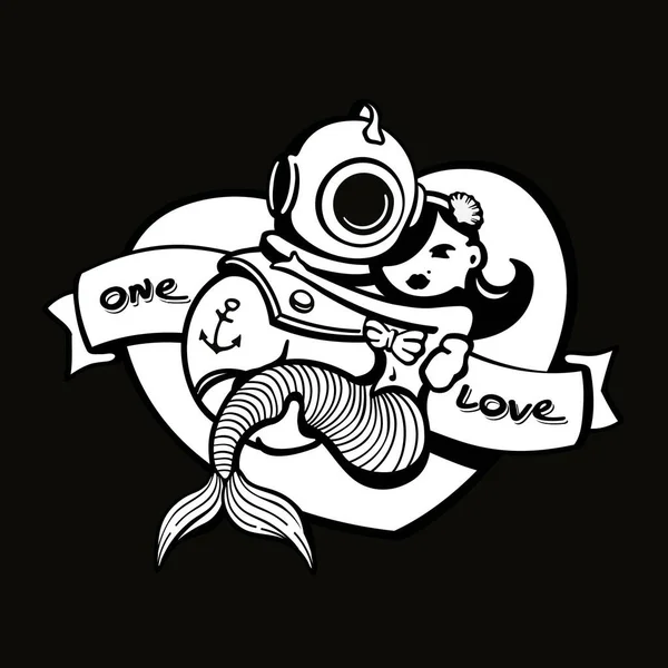 Hitam Dan Putih Romantis Tato Cinta Dengan Penyelam Dan Putri Stok Ilustrasi Bebas Royalti