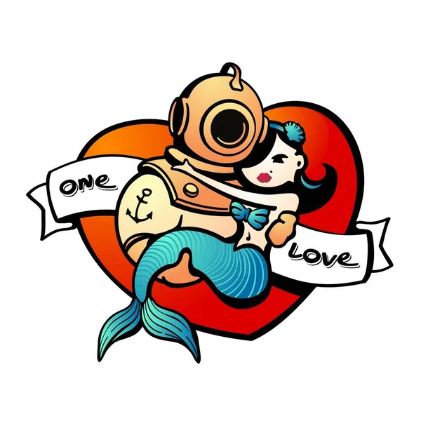 Warna Romantis Tato Cinta Dengan Penyelam Dan Putri Duyung Stok Ilustrasi 