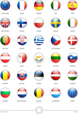 Beyaz arkaplanda Avrupa Birliği Bayrakları olan vektör parlak düğmeler