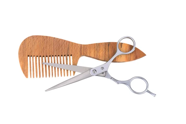 剪刀和木头梳子 — 图库照片