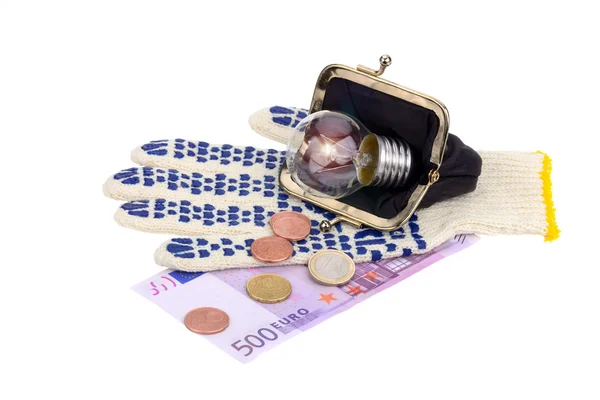 M-cüzdan ve beş yüz Euro coins eldiven üzerinde ışık — Stok fotoğraf