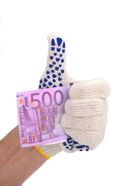 Beyaz mavi eldiven insan elinde beş yüz Euro tutar — Stok fotoğraf
