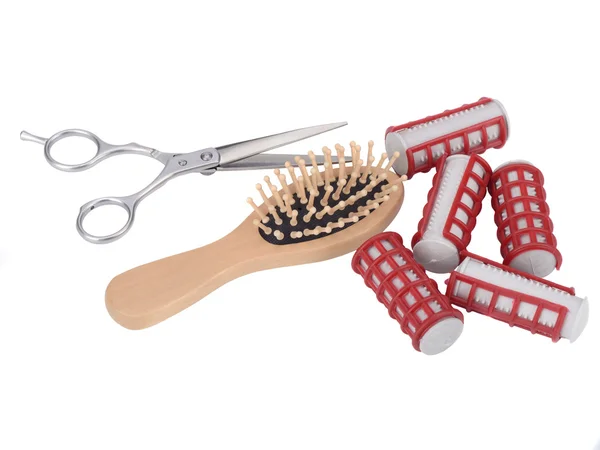 Wooden comb and scissors with Bigudi — Stock Photo, Image