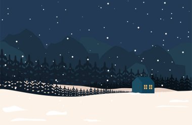 Mutlu Noeller ve mutlu yıllar. Dağlarla, evlerle, ağaçlarla ve Noel ağaçlarıyla kışın doğal manzarasının vektör çizimi. Pankart, poster veya kart için arkaplan