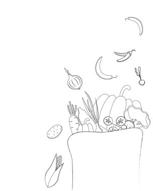 Çiftlikten olgun sebzelerle dolu bir taslak vektör kağıdı paketi. Beyaz arkaplanda renkli vektör çizimi. Elle çizilmiş. Şablon. Model.