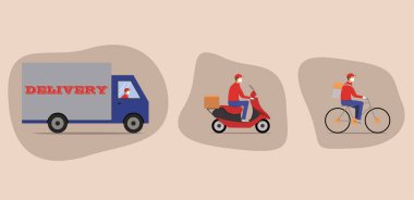 Çevrimiçi dağıtım hizmeti konsepti, çevrimiçi sipariş takibi, eve ve ofise teslimat. Depo, kamyon, scooter ve bisikletli kurye, solunum maskeli ve eldivenli kurye. Vektör illüstrasyonu.
