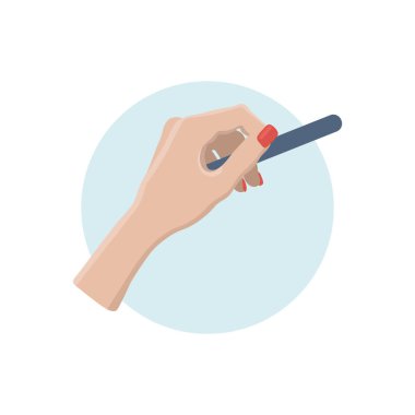 Tırnakları boyalı kadın eli, kırmızı manikür sembolü. Çember şeklinde yapıştırma, manikürcü, güzellik salonu, manikürcü ve sosyal medya için. Stok vektör ilüstrasyonu