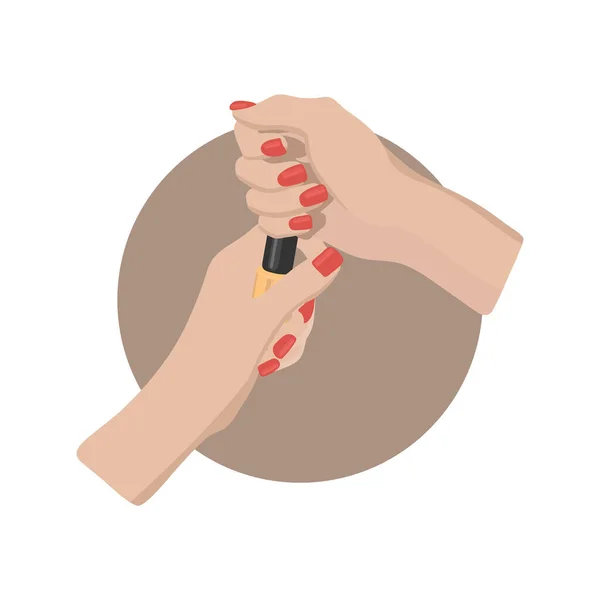 塗装爪 赤いマニキュアのシンボルを持つ女性の手 サークル内のシール ネイルバー 美容室 マニキュアステッカー ソーシャルメディア用 株式ベクトル図 — ストックベクタ