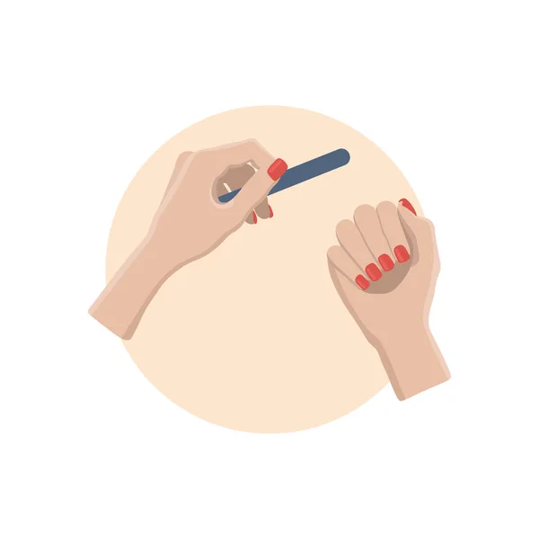 Женская Рука Раскрашенными Ногтями Красный Символ Маникюра Наклейка Кругу Ногтей — стоковый вектор
