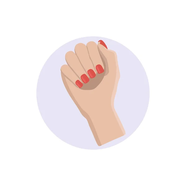 Mano Femminile Con Unghie Dipinte Simbolo Manicure Rossa Adesivo Cerchio — Vettoriale Stock