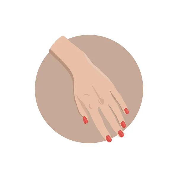 Main Féminine Avec Ongles Peints Symbole Manucure Rouge Sticker Cercle — Image vectorielle