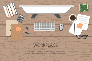 Gerçekçi iş yeri organizasyonu. Üst görünümü desenli masa, saksı, bilgisayar, hesap makinesi, günlük ve kahve kupası. Stok vektör illüstrasyonu