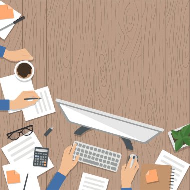 Gerçekçi iş yeri organizasyonu. Üst görünümü desenli masa, saksı, bilgisayar, hesap makinesi, günlük ve kahve kupası. Stok vektör illüstrasyonu