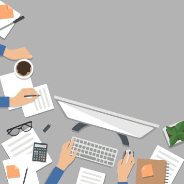 İş yeri Masaüstü arkaplanı. Masanın üst görüntüsü, belgeler, not defteri, kitaplar, kahve, kağıt. Metin Vektörü Üst Görünümü için yer