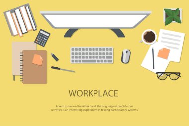 İş yeri Masaüstü arkaplanı. Masanın üst görüntüsü, belgeler, not defteri, kitaplar, kahve, kağıt. Metin Vektörü Üst Görünümü için yer