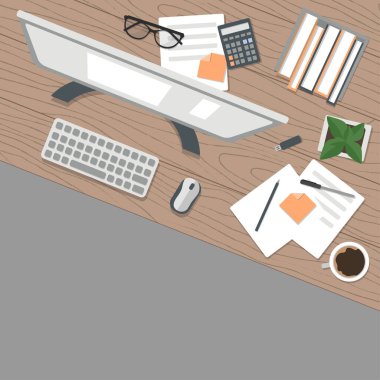 Gerçekçi iş yeri organizasyonu. Üst görünümü desenli masa, saksı, bilgisayar, hesap makinesi, günlük ve kahve kupası. Stok vektör illüstrasyonu