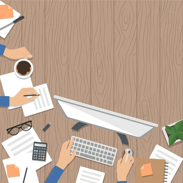 Gerçekçi iş yeri organizasyonu. Üst görünümü desenli masa, saksı, bilgisayar, hesap makinesi, günlük ve kahve kupası. Stok vektör illüstrasyonu