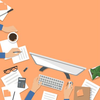 Freelancer 'ın masaüstü, üst görünüm. Evde çalışma kavramı. Çalışmak için ihtiyacınız olan her şeye sahip Bilgisayar Masası. Vektör illüstrasyonuna tıklayın