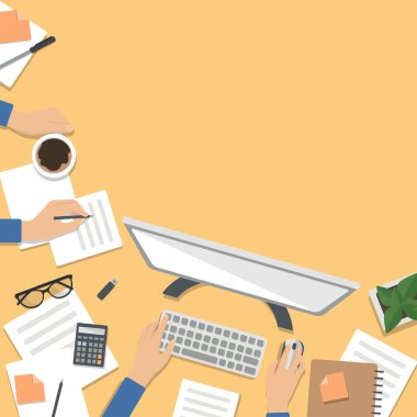 Freelancer 'ın masaüstü, üst görünüm. Evde çalışma kavramı. Çalışmak için ihtiyacınız olan her şeye sahip Bilgisayar Masası. Vektör illüstrasyonuna tıklayın