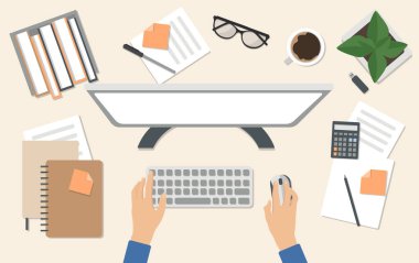 Freelancer 'ın masaüstü, üst görünüm. Evde çalışma kavramı. Çalışmak için ihtiyacınız olan her şeye sahip Bilgisayar Masası. Vektör illüstrasyonuna tıklayın