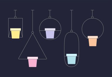 Flowerpot sticker set on a dark isolated backdrop. House plant pot for gift card, home plants store logo, bath tile, web landing page. Phone case or cloth print. Flat style vector illustration