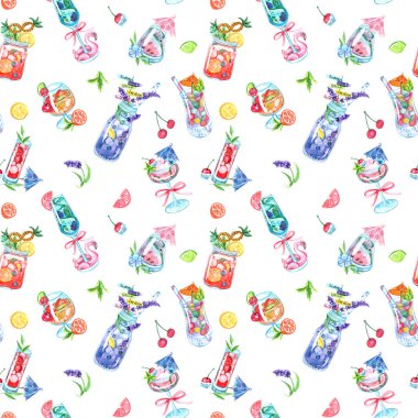 İçkilerle, limonatalarla renksiz bir desen. Kokteyller, çiçekler, flamingolar, palmiyeler, kokteyl şemsiyeleri, yapraklar ve çiçekler. Parlak yaz arkaplanı.