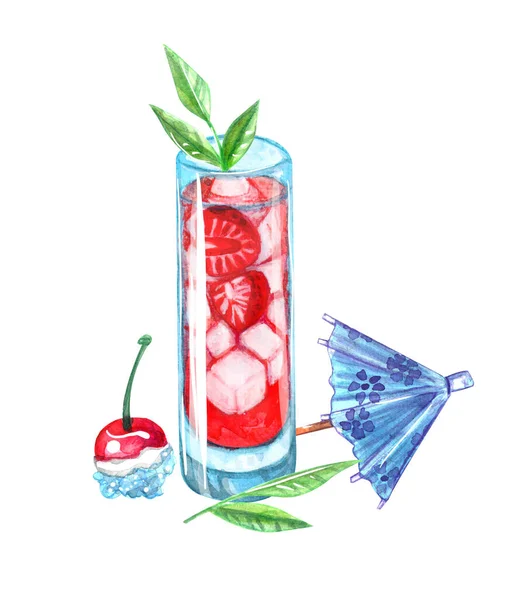 Fresh colorful summer lemonade drink with ice, strawberry, blueberry, raspberry, orange, lemon, mint, lavender, watermelon, cocktail umbrellas, pineapple, cherries, gummy bears, palm, flamingo and flowers