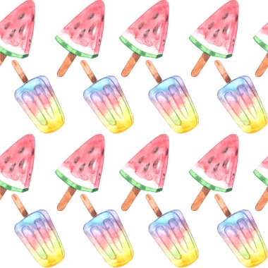 Dondurma ve karpuz ile suluboya renksiz desen. Yaz aydınlık ve taze desen.