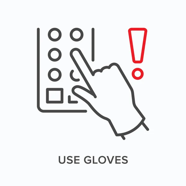Użyj rękawic płaska ikona linii. Wektor zarys ilustracji dłoni w rękawicy dotykając przycisku podnoszenia. Profilaktyka koronawirusów cienkie znaki liniowe — Wektor stockowy