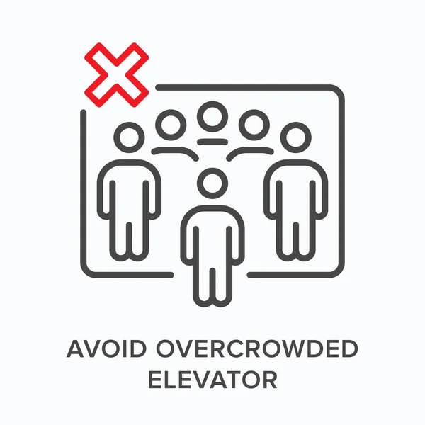 Evite el icono de la línea plana del ascensor superpoblado. Esquema vectorial ilustración de grupo de personas, multitud en ascensor. Coronavirus prevención delgada signo lineal — Vector de stock