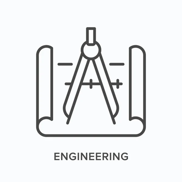 Icono de línea plana de ingeniería. Ilustración del esquema vectorial de la arquitectura con brújula. Proyecto de construcción delgado logotipo lineal — Archivo Imágenes Vectoriales