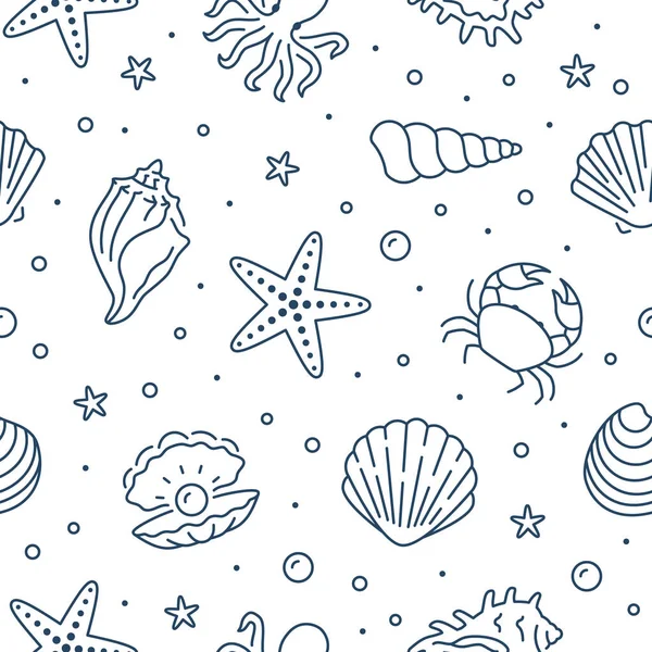 Motif sans couture Seashell. Le fond vectoriel comprenait des icônes de ligne comme coquillages de mer, pétoncles, étoiles de mer, palourdes, poulpes, crabes, texture nautique vie océanique pour le tissu. Couleur blanche et bleue — Image vectorielle