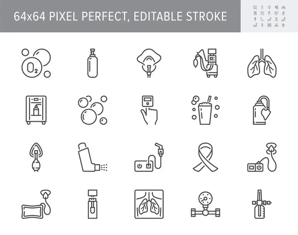 Zuurstoflijn pictogrammen. Vector illustratie opgenomen pictogram - anesthesie masker, ventilator, icu, kunstmatige long ventilatie, vernevelaar outline pictogram voor het ziekenhuis. 64x64 Pixel Perfect bewerkbare beroerte — Stockvector