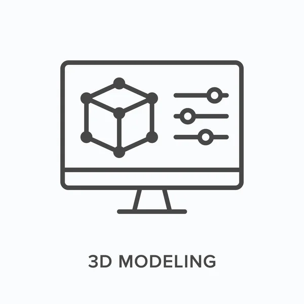 Icône de ligne plate de modélisation 3D. Illustration vectorielle des contours de l'écran d'ordinateur avec prototype de cube. Conception du produit pictogramme linéaire mince noir pour l'ingénierie — Image vectorielle