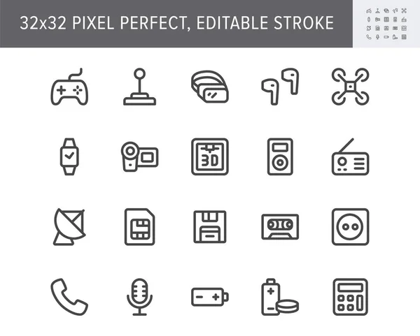 Electronic devices simple line icons. Vector illustration with minimal icon - joystick, controller, vr glasses, drone, camera, 3d printer, retro technology. 32x32 Pixel Perfect. Editable Stroke — Stock Vector