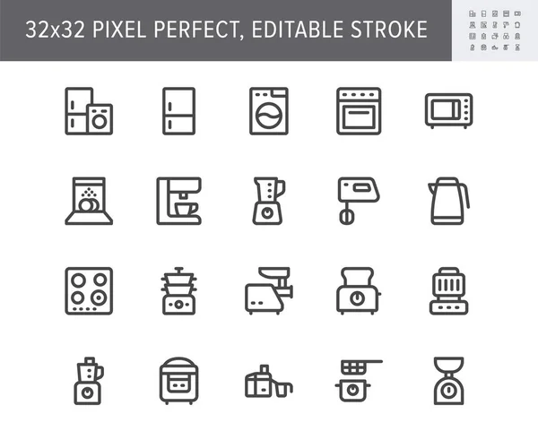 Electronic kitchen devices simple line icons. Vector illustration with minimal icon - fridge, dishwasher, oven, toaster, steam cooker, kettle, multicooker, hob. 32x32 Pixel Perfect. Editable Stroke — Stock Vector