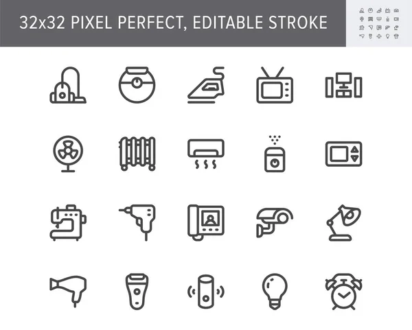 Eletrodomésticos ícones de linha simples. Ilustração vetorial com ícone mínimo - interfone, aspirador de robô, videcam segurança, ventilador, radiador, sistema de divisão,. 32x32 Pixel Perfeito. Curso Editável —  Vetores de Stock