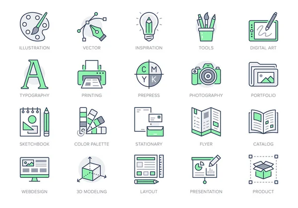 Grafische vormgeving lijn pictogrammen. Vector illustratie opgenomen pictogram - digitale creatieve tool, penseel, palet, prepress, presentatie lay-out schema pictogram voor kunst. 64x64 Groene kleur bewerkbare beroerte — Stockvector